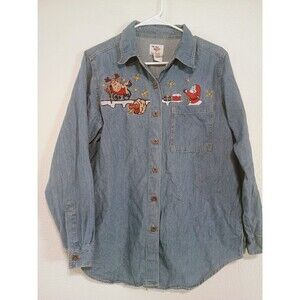 Vintage Nutcracker Womens Christmas Santa Reindeer Denim Button Up Medium
